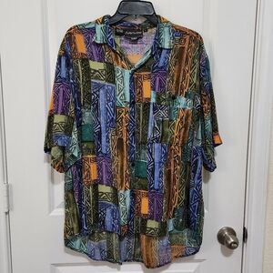 Vtg Substudio Mens L Rayon Button Up Abstract High Low Shirt Short Sleeve